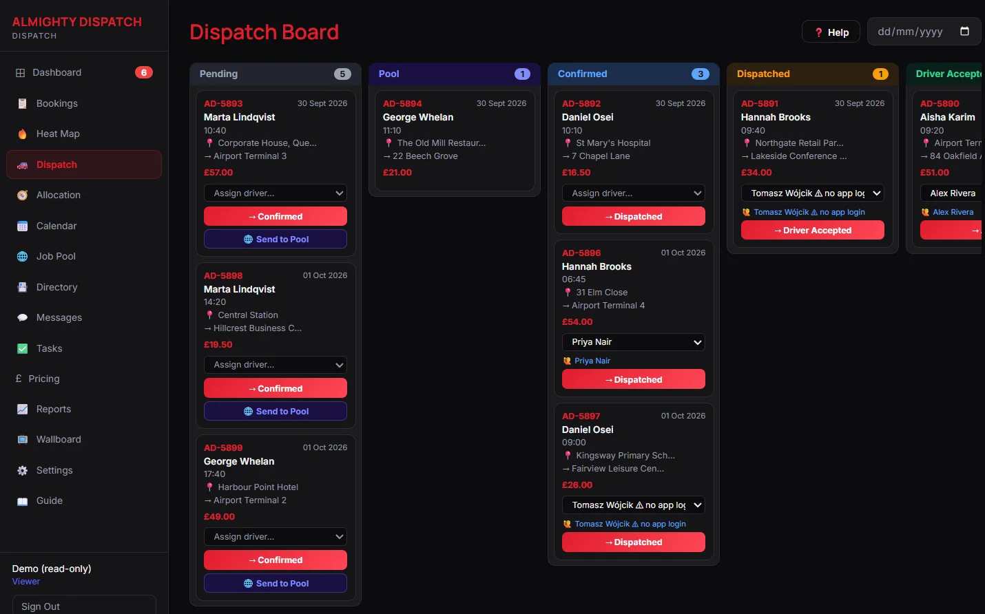 Live dispatch board with Pending, Pool, Confirmed and Dispatched columns