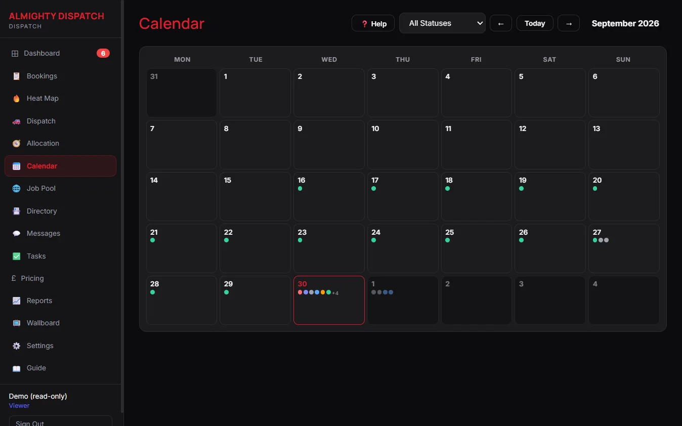 Calendar month view with a dot for each job