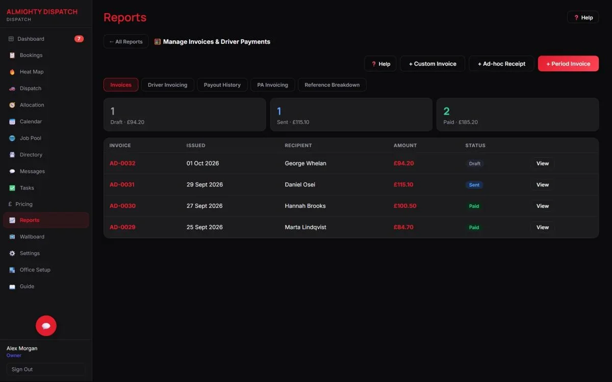 Invoices screen with Draft, Sent and Paid totals