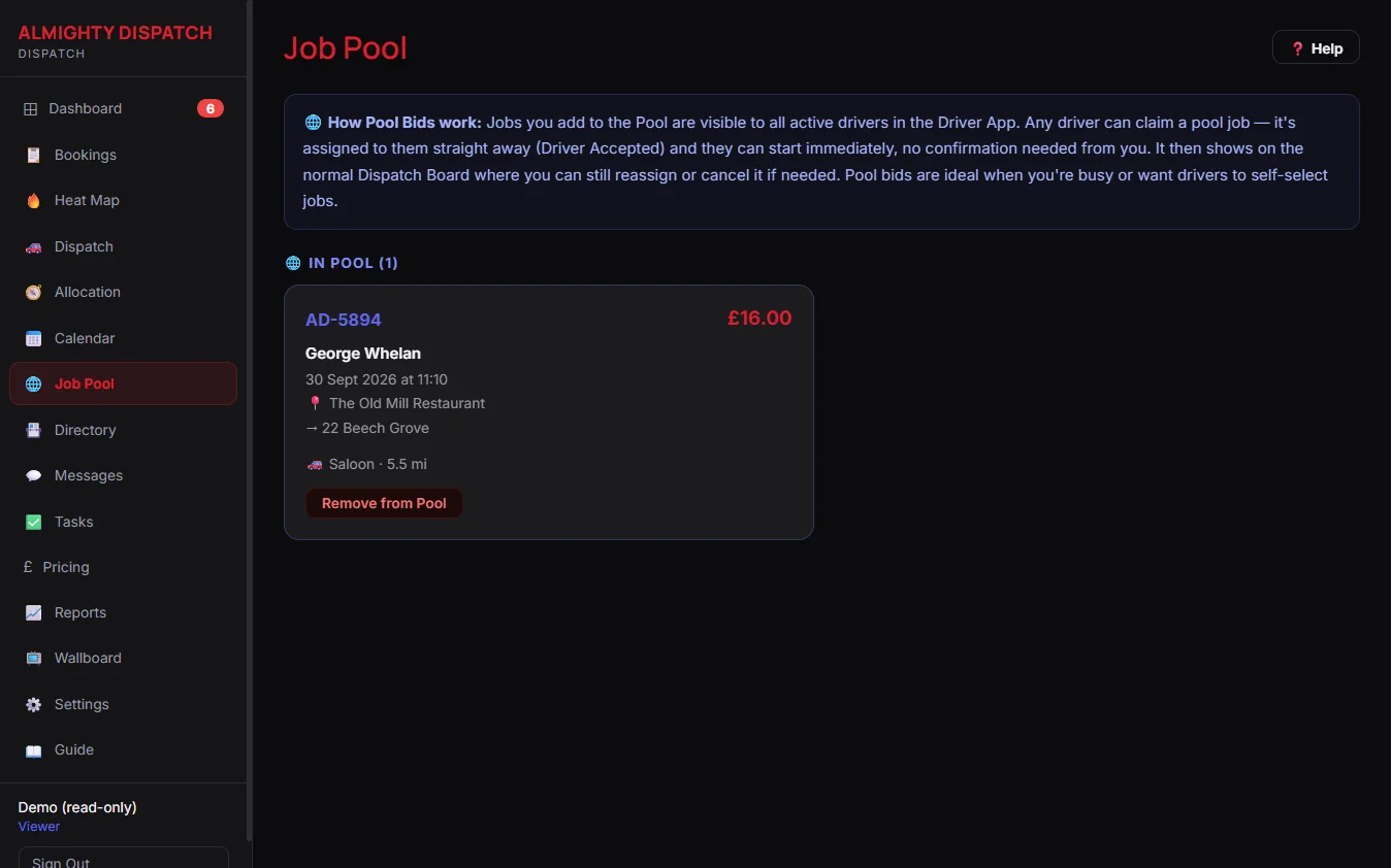 Job pool with jobs offered to drivers