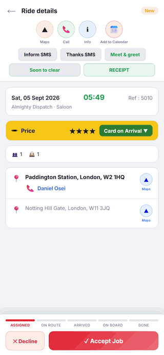 Driver app: a job moving through Assigned, On Route, Arrived, On Board and Done