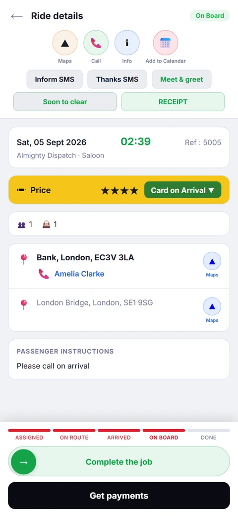 Driver app ride detail with progress tracker