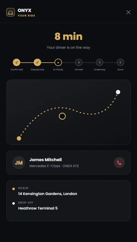 A Customer app re-skinned in the same invented brand, tracking a live journey