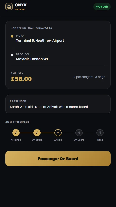 A Driver app re-skinned in a tenant's own brand — this example uses an invented brand, Onyx Chauffeurs