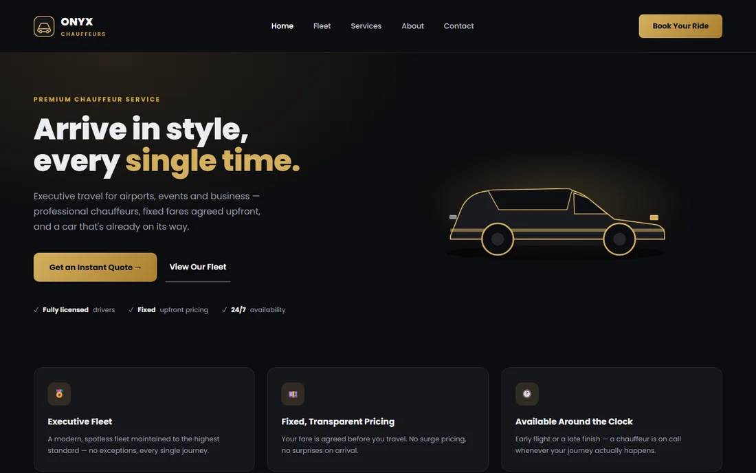 Onyx Chauffeurs — an invented sample website illustrating the kind of site the booking widget embeds into
