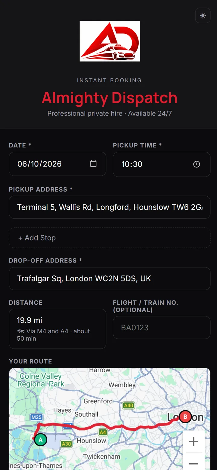 Booking widget with the route drawn on a map and the distance worked out