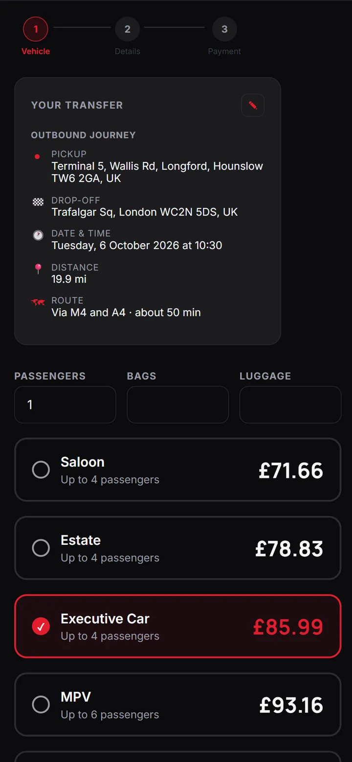 Booking widget quoting every vehicle class for a Heathrow to central London journey